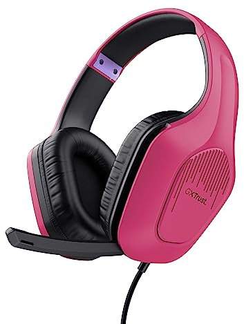 Trust Gaming GXT 415P Zirox Ligeros Cascos Gaming con Drivers de 50 mm para PC, Xbox, PS4, PS5, Switch, Mobile, Conexión 3.5 mm, Micrófono Plegable, Auriculares con Cable 2m Over-Ear - Rosado