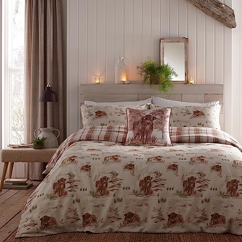 Dreams & Drapes - Housse de Couette Highland Cow - 230 x 220 cm - 2 taies d'oreiller - 100% Coton brossé Doux - Parure de lit à Carreaux Rouges avec Vaches - Parure de lit Woodland en Rouge