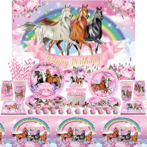 Pferde-Geburtstagsparty-Hintergrund – rosa Pferde-Themen-Hintergrund Happy Birthday, Pappteller, Servietten, Tassen, Luftballons, Kuchen, Cupcake-Topper, Tischdecke für süßes Pferd, Partyzubehör,
