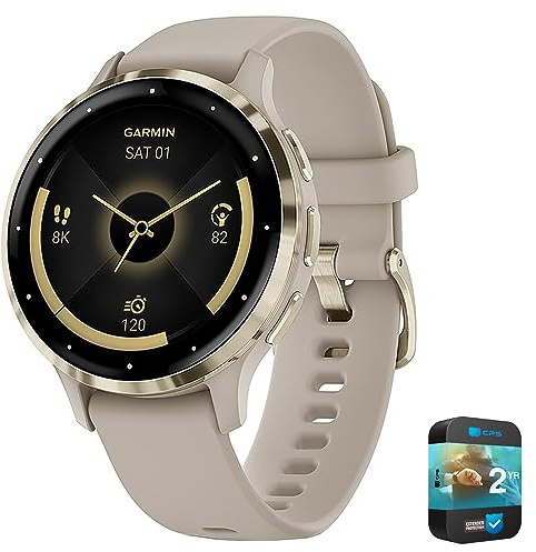 Garmin Venu 3S Health Fitness GPS Smartwatch Gold Steel Bezel w/French Gray Case 41mm | Official USA Partner Model | Bundle 010-02785-02 with 2 YR CPS Enhanced Protection Pack