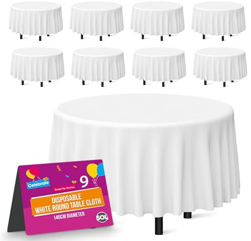 SOL 9pk White Round Table Cloth Disposable 140cm Party Tablecloths for Circular Table Cover - Durable Spill Protection - Perfect for Weddings, Buffets, Catering, Restaurants & Outdoor Events