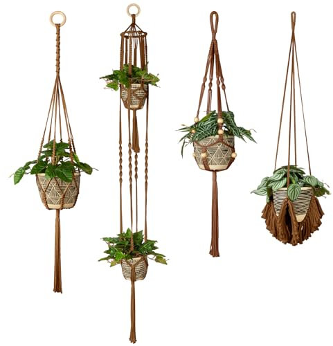 ANROYE Macrame Plant Hanger for Indoor Set of 4, Bohemian Hanging Planter with Tassels for Flower Pot, Boho Decorative Houseplant Rope Holder for Home Decor Bedroom Window Farmhouse