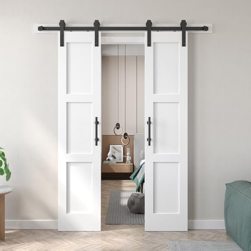 Fredbeck Double 18x84 inch White Barn Door with 6.6FT Barn Door Hardware Kit Included,with MDF and Wood,DIY Assembly,3-Panel,36inch barn Door,Fit 33in-35in Opening