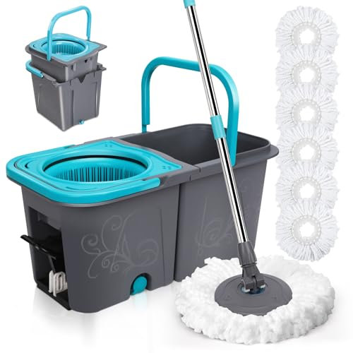 MASTERTOP Spin Mop and Bucket Set, Microfibre Mops with Wringer Bucket and Stainless Steel Handle, Foot Pedal Spin Mop for Cleaning Hardwood Tile Marble Laminate Floors, Send 6 Washable Pads