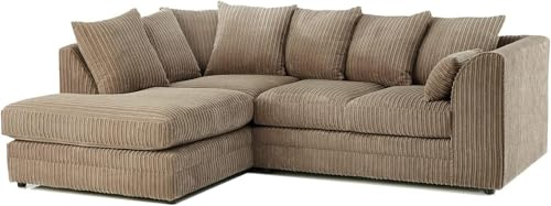 SofaSelection Spacious Jumbo Cord Left Hand Corner Sofa, Soft Cord Fabric L-Shaped Couch with Deep-Filled Scatter Back Cushions, 4-5 Seater Family Living Room Suite (Beige)