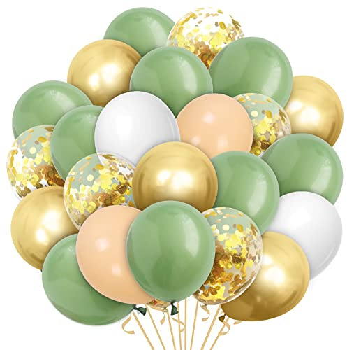 60 Stück Luftballons Retro Grün Weiß, 12” Gold Konfetti Latex Ballons, Metallic Gold Luftballons, Avocado-Grün Helium Balloons für Kinder Geburtstag Babyparty Hochzeit Graduierung Feier Dekorationen