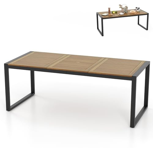 GiantexUK Outdoor Dining Table, Acacia Wood Kitchen Table with Metal Legs, Umbrella Hole & Adjustable Foot Pads, Rectangular Garden Table for Indoor Bistro Patio (U-Shaped Legs, 200 x 90 x 75cm)