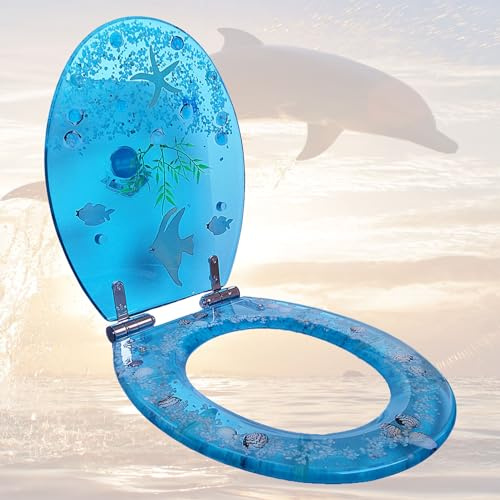 Resin Toilet Seat with Blue Ocean Yellow Starfish, Quiet Slow Soft Close Heavy Duty Toilet Seats with Tropical Fish Transparent 3D Effects Decorative Quick Release Hinges