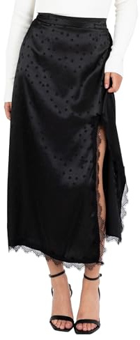 Lovedrobe Women's Midaxi Skirt Ladies Satin Lace Trim Split Hemline Polka DOT Spot Print A-Line Occasion Evening Party Cocktail Gonna, Nero, 40 Donna