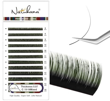 Natuhana Farbige Wimpern Extensions 0.07 C Curl 8-14mm Volumen Individuelle Klassische Wimpernverlängerung Natürlich Lash Extension, Professionelle Salonbenutzung(Schwarz+Grün, 0.07C, 8-14Mix)