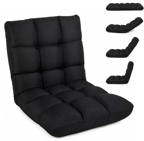 RELAX4LIFE Bodenstuhl Klappbar, Bodensessel mit Verstellbarer Rückenlehne & Liegefunktion, Bodensitz gepolstert in Leinenoptik, Meditationsstuhl, Floor Chair für Freizeit, Meditation, Yoga (Schwarz)