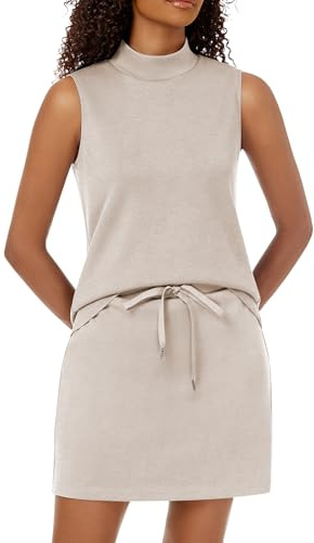 Casly Lamiit 2 Piece Skirt Set Athletic Summer Outfits Women Tracksuit Sleeveless Trendy Workout Casual Matching Sets Airport Travel Outfits for Airplane Dark Beige L