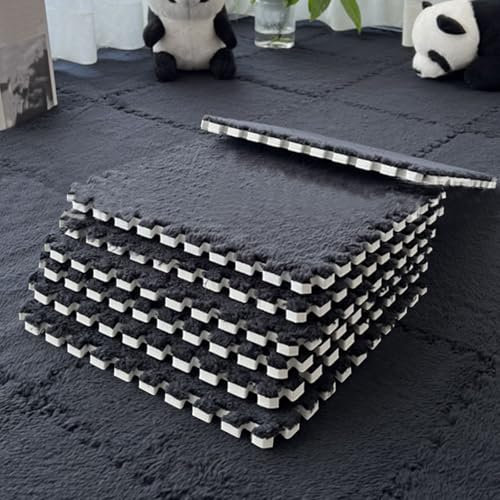 Tappeto ad Incastro, 36 Pezzi di Tappetino in Schiuma di Peluche a Puzzle, tappeti Quadrati Morbidi e Spessi, per la Decorazione della Camera da Letto del Salotto (Nero, 30 * 30 * 1 cm)