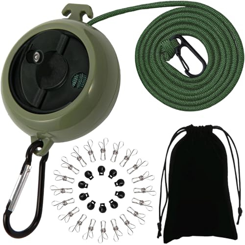 ZONSUSE Cuerda Tendedero Exterior Retractil, Tendedero de Viaje Adjustable, Tendedera Retractil 10m,con 10 Cierres y 20 Clips Cortavientos,para Interior Exterior Camping Viajes Accesorios (Verde-A)