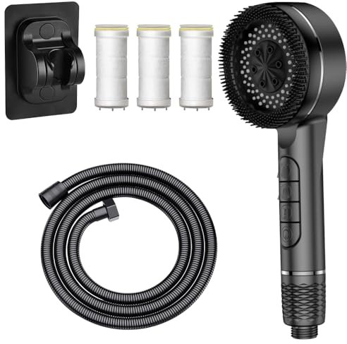 HIULLEN Soffione Doccia Con Filtro, Soffione Doccia Anticalcare con Tubo, Doccetta Ad Alta Pressione Con Tubo Flessibile Da 1,5 M, Soffione Doccia A 4 Tipi Di Getto Per Filtro Acqua Dura