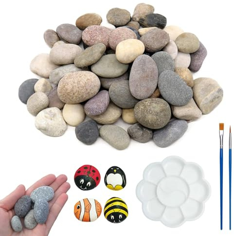 MOAZIFI 43-Teiliges Steine zum Bemalen Set, Flache Kieselsteine für DIY Projekte, Glatte Natursteine mit Pinsel und Palette, Kreative Deko Steine Garten und Blumentöpfe