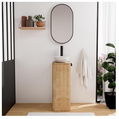 MOB-IN Ensemble Lave-Mains Totem en chêne Massif avec Vasque et Miroir Ovale