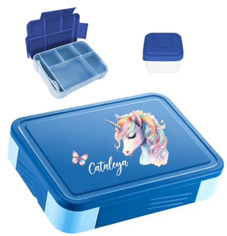minimutz Fiambrera personalizada, fiambrera infantil con muchos compartimentos, fiambrera con nombre, sin BPA, a prueba de fugas, juego de caja de bento con estampado colorido de unicornio (azul)