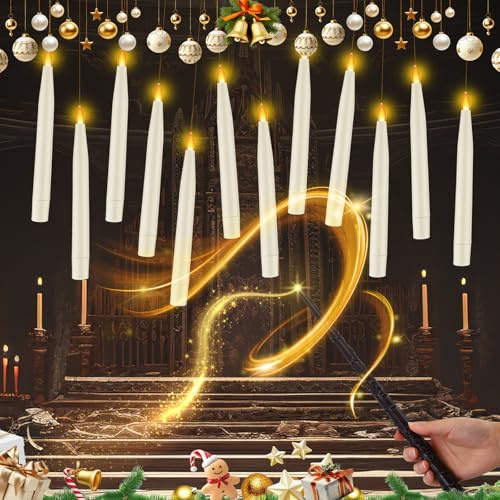 Floating Candles with Wand Remote, 20Pcs Flickering Warm Light LED Magic Flameless Candles, Battery Operated Candles with 2/4/6/8H Timer & 2 Brightness, for Home Party Ceiling Christmas Decorations