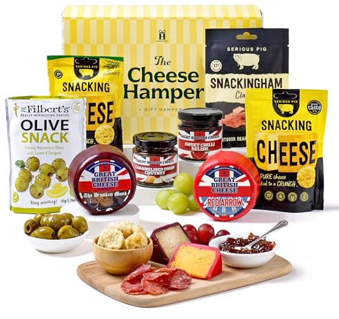 Hattie’s Gifts Cheese & Savoury Snacks Hamper – British Truckles, Chutney, Snacking Cheese, Olives & Snackingham Meat Snacks – Food Hamper, Birthday & Thank You Gifts