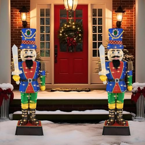GYMAX 2er Set Weihnachten Nussknacker Figur 184 cm, beleuchtete Weihnachtsdekoration mit 110 warmweißen LED Lichtern, Weihnachtsbeleuchtung, Weihnachtsfigur für innen & außen