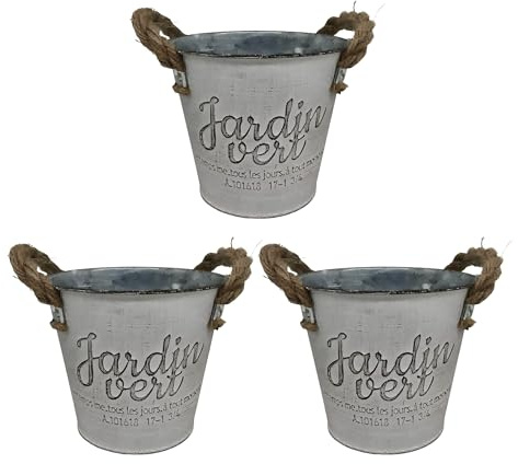 Relaxdays Ensemble de Pots de Fleurs, 3 Cache-Pots « Idyll », argenté | H x P : 12,5 x 14 cm, pot à herbes en fer et jute