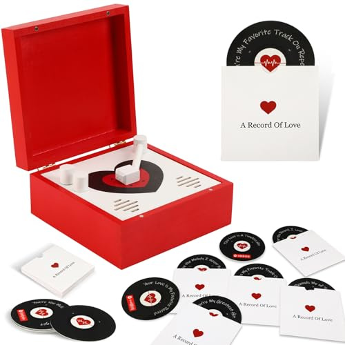 JULEASEL Romantic Wooden Love Note Record Player Box with 14 Vinyl-Style Message Cards & Spotify QR Codes – Gift for Him Her, Valentine’s Day Music Keepsake, Personalized Love Song Gift Box