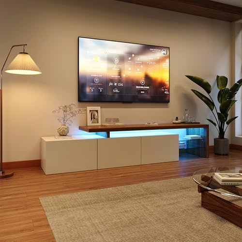 Mueble para TV LED, Mueble para TV Blanco y Madera, 200 cm de Largo, Mueble de TV de Diseño con Luces LED, Estantes de Vidrio Integrados, Almacenamiento Práctico, Banco para TV para Salón o Dormitorio