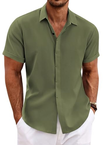 COOFANDY Camisas de lino para hombre, de manga corta, de algodón, ajuste regular, con botones, estilo hawaiano, para vacaciones, Ejercito Verde, 3XL