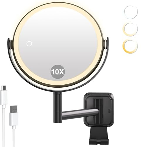 AIMAX Kosmetikspiegel mit Beleuchtung, 2000mAh Wiederaufladbarer Wandspiegel mit 1X & 10X Vergrößerung, Dimmbarer mit 3 Farbtemperaturen, 360° Drehbar für Rasur & Make-up im Badezimmer, Platzsparend