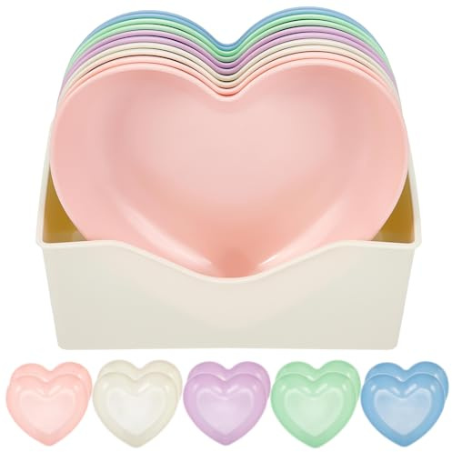 UNICRAFTALE 10Pcs 5 Colors Heart Plastic Plates 13.5x15x2.8cm Reusable Pastel Love Shaped Trays with Non Slip Base Dishwasher Heart Plastic Plates for Party Appetizer Dessert