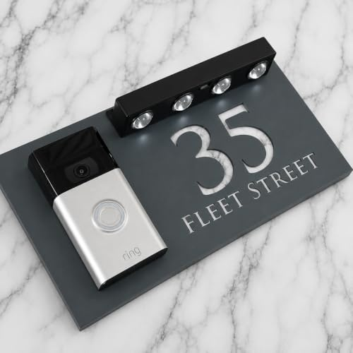 K Smart Sign | Bellissima LED DOORBELL F32 | Personalised House Doorbell Solar LED Signs 3d Door Numbers Street Address Number Plaques | 300mm x 160mm (Grey & White Marble)