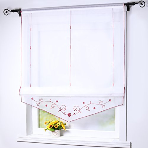 Joyswahl Raffrollo Voile Transparentes Bändchenrollo Lisa 60x140cm Rot | Tunnelzug, Stickerei Gardine, 1er Pack, Transparent, Bändchenrollo landhaus, Fensterrollo innen, Stangendurchzug, modern
