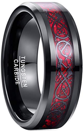 NUNCAD Bague Homme Femme avec Dragon Celtique Noir et Fibre de Carbone Rouge, Bague Tungstène 8mm pour Mariage Fiançailles Quotidien et Mode Taille 60(19.1)