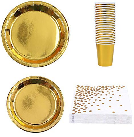 Oro Vajilla Desechable 80Pcs, 9oz Paper Cups,7 Bandeja de Papel,9 Platos de Postre,Dorados Platos Redondos Copas para Bebidas Platos de Cena,Suministros de Fiesta con lámina de Oro