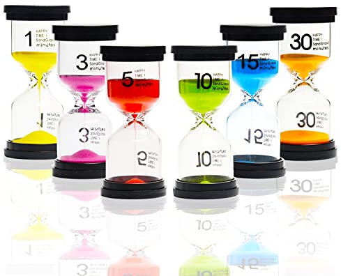 Sanduhren Set für Kinder, Sanduhr Zähneputzen, Schwarze Abdeckung, Buntes Sanduhren Set Eieruhren 1/3/5/10/15/30 Minuten Glas Timer, Klassenzimmer Spiele, Zuhause Küche, Büro, 6 Stück…