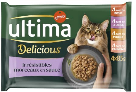 ULTIMA - Bolsa de Comida para Gatos esterilizados Pollo, Pavo, Ternera y Cordero - 12 multipacks x 4 x 85 g