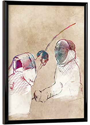 artboxONE Poster mit schwarzem Rahmen 18x13 cm Sport Two Fencers - Bild Active beige fechten