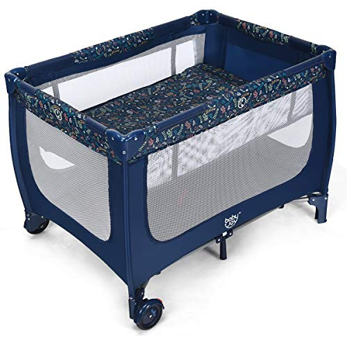 COSTWAY 2 i 1 resesäng och lekhage, 120 x 60 cm barnsäng, 2 nivåer, babysäng med madrass och bärväska (blå)