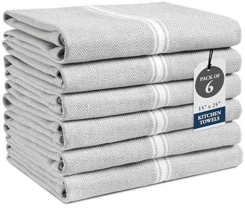 LANE LINEN Kitchen Towel Set - 100% Cotton, Absorbent, Grey Chambray Striped Dish Towels, 14” x 25”, 6-Pack