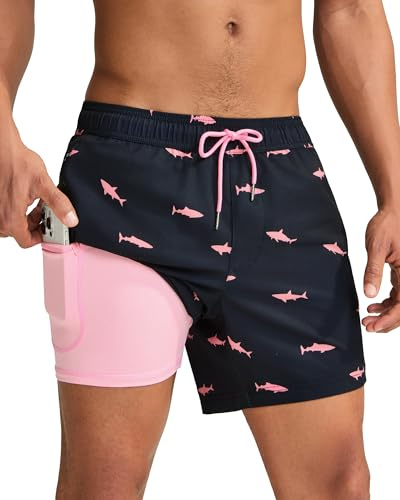 maamgic Mens Swim Trunks with Compression Liner 5 Inch, Quick Dry Bathing Suit with Zipper Pockets, Stretch No-Chafing Swim Shorts, Black-Pink Shark Small