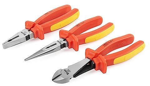 Titan 73349 3-Piece VDE Insulated Pliers Set, Includes 8-Inch Combination, Long Nose, and Diagonal Plier