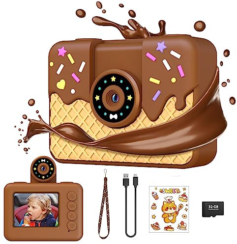 Ushining Camara Fotos Infantil, 20MP 1080P Videocámara de Acción Función de Zoom Cámara Selfie para Niños con Pantalla de 2,0 Pulgadas Tarjeta de 32GB TF, Regalo para Niños 3-12 Años, Chocolate