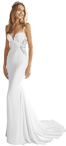 Beyonddress Damen Spitze Meerjungfrau Brautkleider Hochzeitskleid Elegant Lange V-Ausschnitt Tüll Appliques Brautmode Brautkleider für Braut