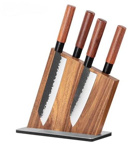 MyCulina Premium Double-Sided Magnetic Knife Block, Acacia Wood Knife Holder with Strong Built-in Magnets - Kitchen Countertop Storage Stand with Non-Slip Stainless Steel Base (Knives Not Included)