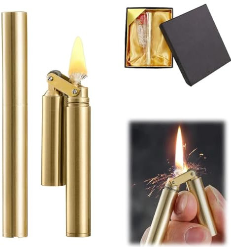 Vintage-Grabenfeuerzeug, Kerosin-Kupferfeuerzeug, winddichtes Messingfeuerzeug für Männer, Vater, Ehemann, Cool Feuerzeug-Kerosinfeuerzeug mit Geschenkbox(Gold)