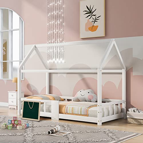 Kayan Kinderbett Hausbett 90 x 200 cm, Holzbett für Kinderzimmer inkl.Tafel Lattenrosten Rausfallschutz, aus Kiefernholz, ohne Matratze
