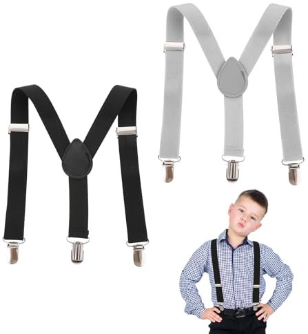2PCS Hosenträger Kinder Y-Form Verstellbare 3 Clips Elastische Kinder Hosenträger Jungen 2.5 cm Schwarz und Grau Geeignet