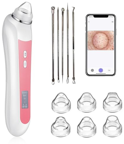 Aspirateur de points noirs : outil de nettoyage intelligent des pores avec chargement USB - Caméra haute définition intégrée - 3 niveaux de 6 têtes de nettoyage - Modèle unisexe (rose)