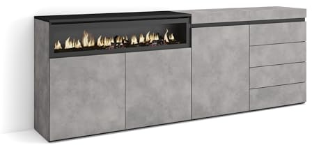 Skraut Home | Sideboard, Kommode | Aufbewahrungsschrank | 207x75x35 cm | Für Schlafzimmer, Zimmer | Elektrokamin. | Kommode mit Schubladen | Moderner Stil | Zement